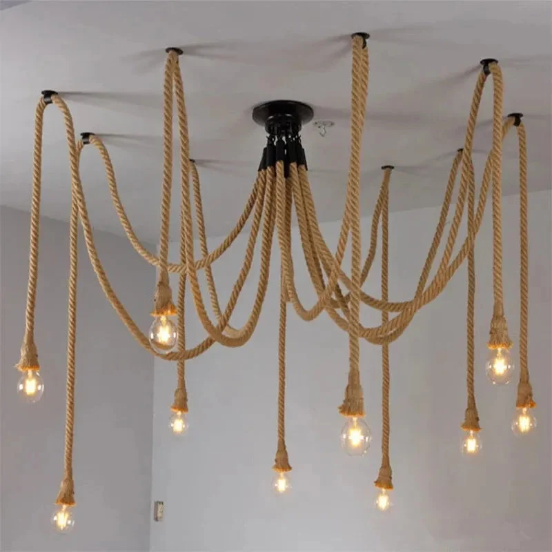 Vintage hemp rope pendant lamp dining room furniture Living room kitchen industrial Spider web Multi-head Retro hanging lights