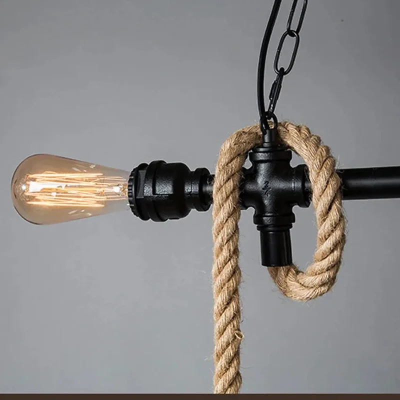Retro Hemp Rope Water Pipe Hanging Lamp Vintage Rural Pendant Lighting Fixture Iron Restaurant Dining Cage Hand Knitted 5 Lights