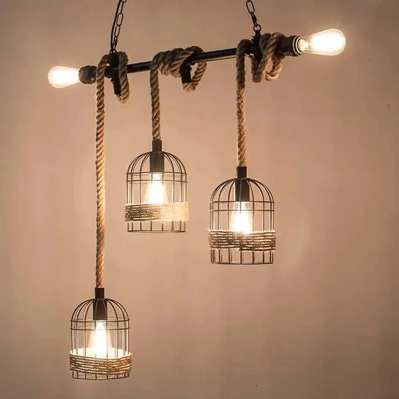 Retro Hemp Rope Water Pipe Hanging Lamp Vintage Rural Pendant Lighting Fixture Iron Restaurant Dining Cage Hand Knitted 5 Lights