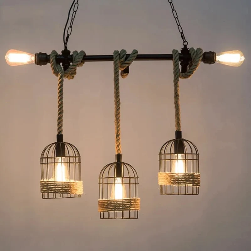 Retro Hemp Rope Water Pipe Hanging Lamp Vintage Rural Pendant Lighting Fixture Iron Restaurant Dining Cage Hand Knitted 5 Lights