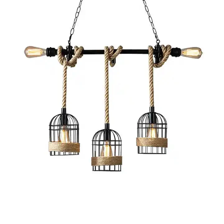 Retro Hemp Rope Water Pipe Hanging Lamp Vintage Rural Pendant Lighting Fixture Iron Restaurant Dining Cage Hand Knitted 5 Lights