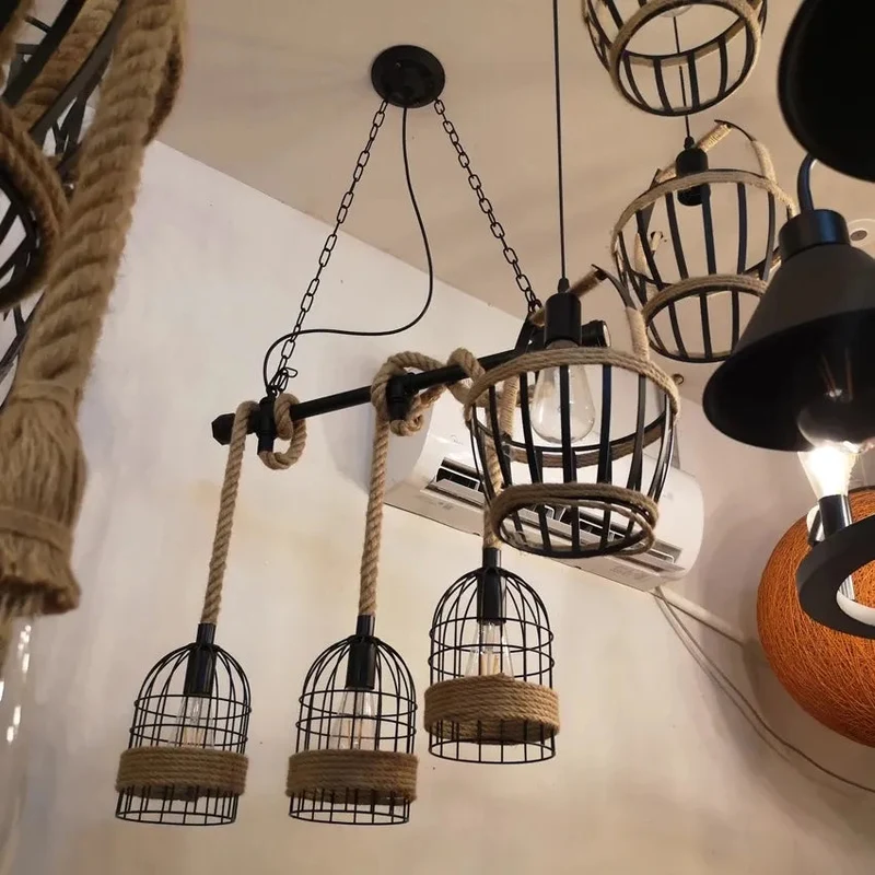 Retro Hemp Rope Water Pipe Hanging Lamp Vintage Rural Pendant Lighting Fixture Iron Restaurant Dining Cage Hand Knitted 5 Lights