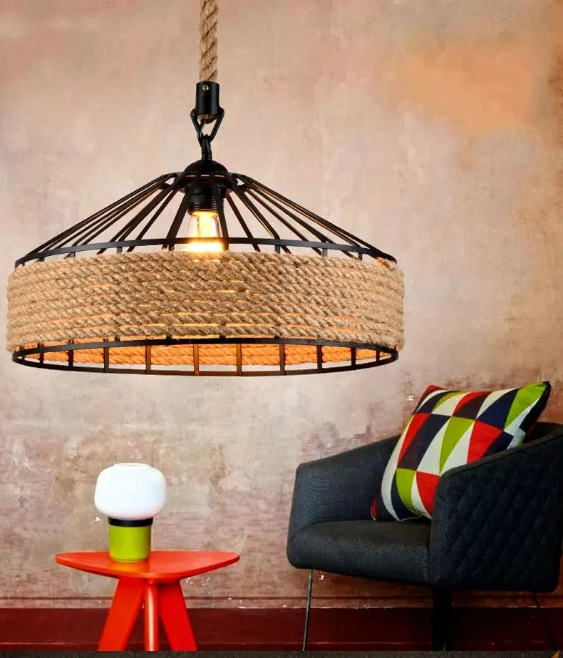 Retro Iron Base Hemp Rope Bar Café Chandelier