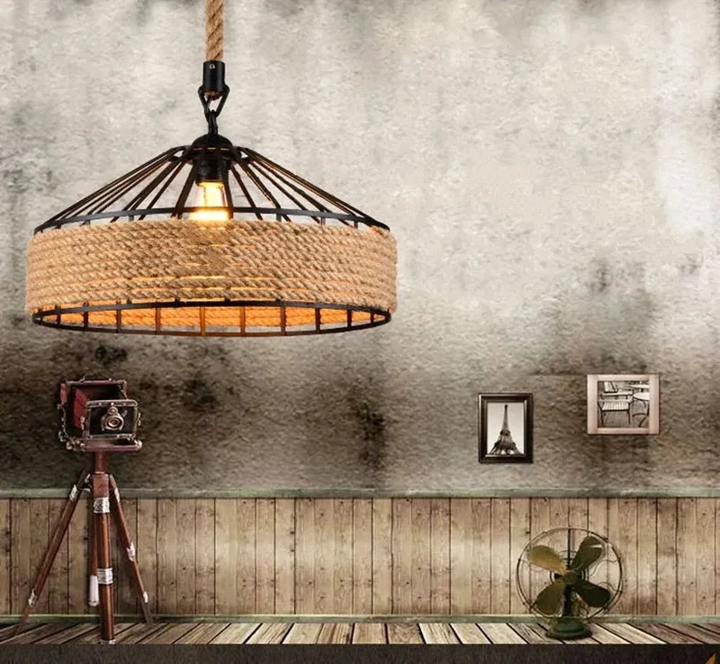 Retro Iron Base Hemp Rope Bar Café Chandelier