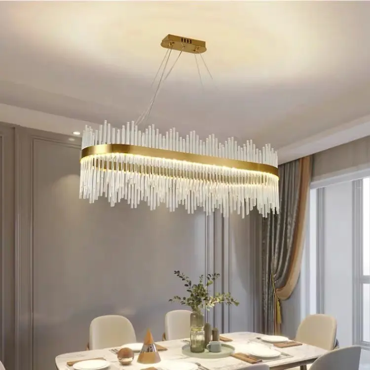 Modern Round Crystal Chandelier for Dining Room Rectangle Design Kitchen Island Lighting Fixtures LED Pendant Lights Glass