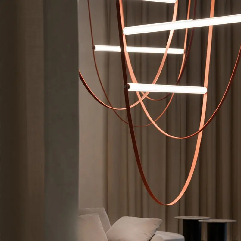 Nordic Modern Pendant Lights Leather Belt Lamp Staircase Art Led Chandeliers Suspension Postmodern Designer Restaurant Brown
