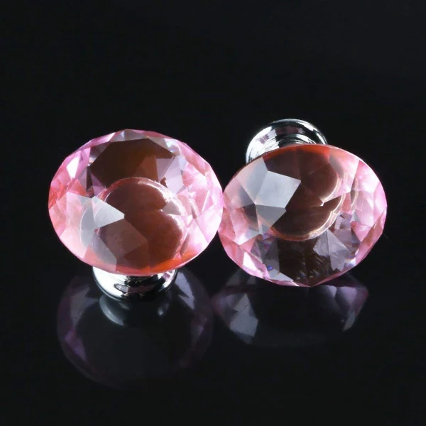 Vila 1003 Diamond Shape Crystal Glass 30mm Kitchen Cabinet Door Drawer Knob Wardrobe Dresser Cabinet Pull Handle with Screws, (1pec) Pink