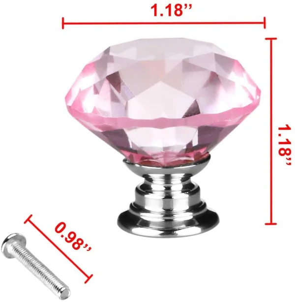 Vila 1003 Diamond Shape Crystal Glass 30mm Kitchen Cabinet Door Drawer Knob Wardrobe Dresser Cabinet Pull Handle with Screws, (1pec) Pink
