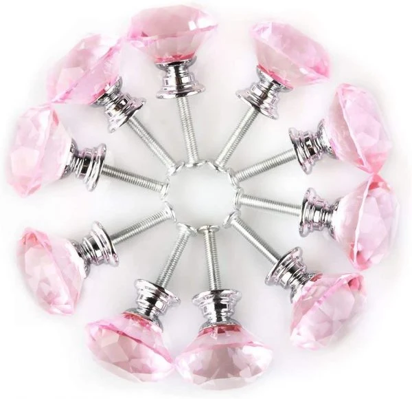 Vila 1003 Diamond Shape Crystal Glass 30mm Kitchen Cabinet Door Drawer Knob Wardrobe Dresser Cabinet Pull Handle with Screws, (1pec) Pink