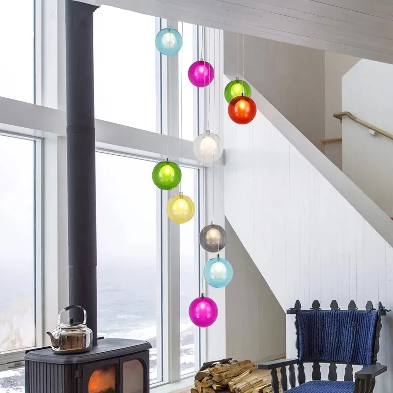 Modern Creative Pendant Lights Glass circle Ball LED Pendant Lamps Stair Ceiling Hanglamps Villa Light Fixtures Indoor Lighting