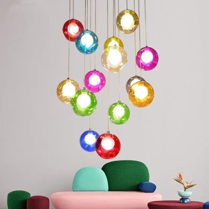 Modern Creative Pendant Lights Glass circle Ball LED Pendant Lamps Stair Ceiling Hanglamps Villa Light Fixtures Indoor Lighting