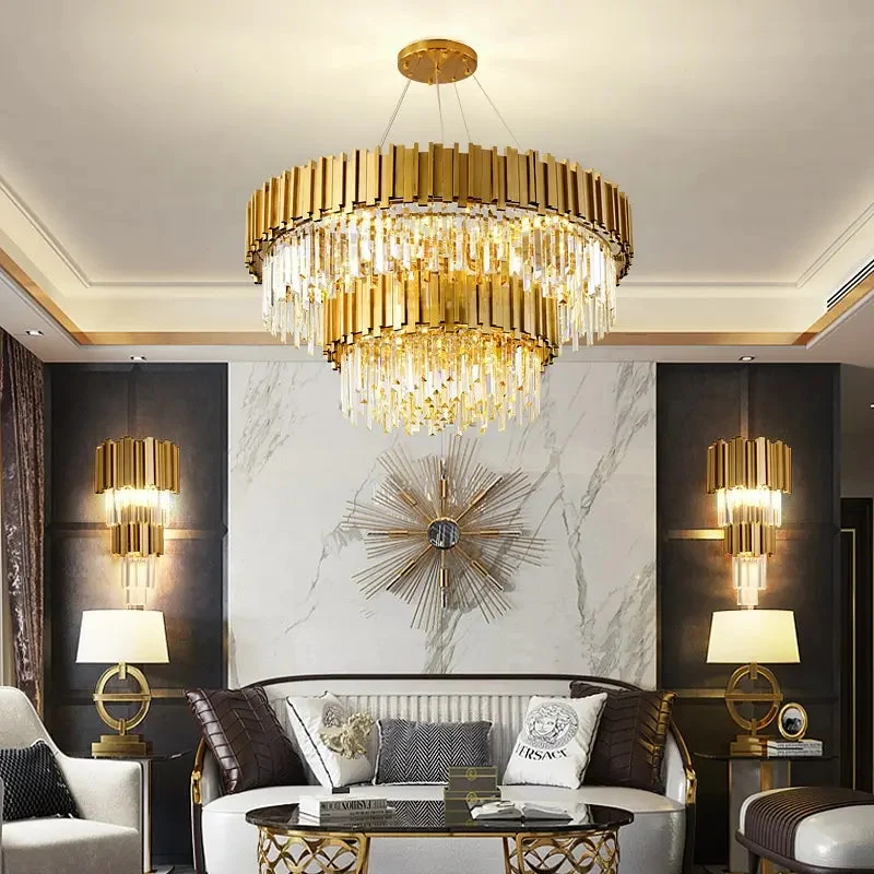 Modern Chandelier Ceiling Light Modern Crystal Chandelier Gold Round Cake Lamp Pendant Light for Hotel Villa Crystal LED