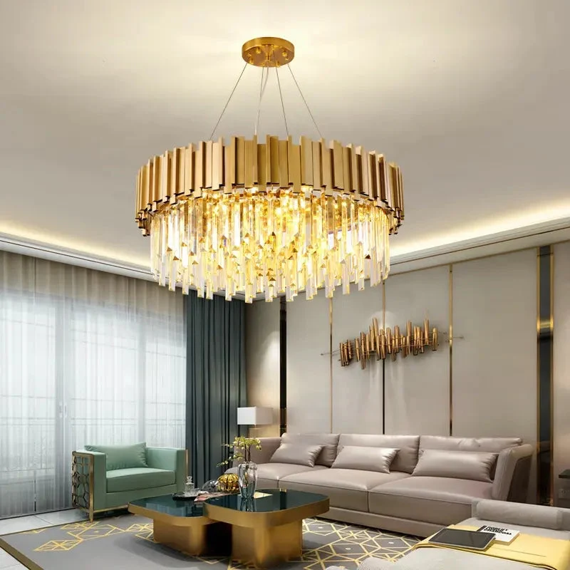 Modern Chandelier Ceiling Light Modern Crystal Chandelier Gold Round Cake Lamp Pendant Light for Hotel Villa Crystal LED
