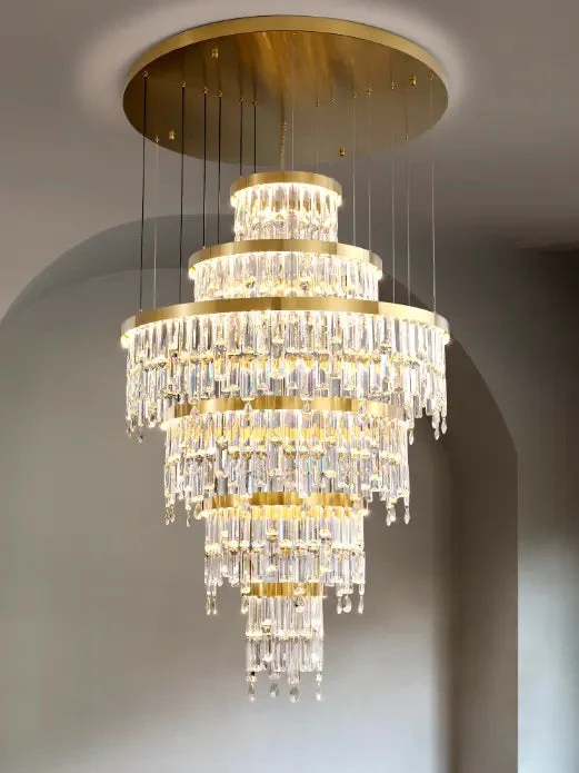 Luxury Modern Villa K9 Crystal Lustre Led Pendant Lights Round Gold Metal Led Suspend Light Living Room Led Luminarias Lamparas