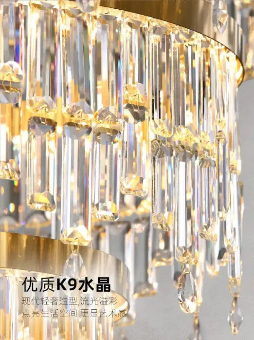 Luxury Modern Villa K9 Crystal Lustre Led Pendant Lights Round Gold Metal Led Suspend Light Living Room Led Luminarias Lamparas