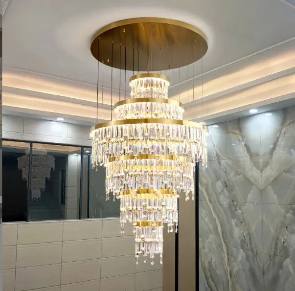 Luxury Modern Villa K9 Crystal Lustre Led Pendant Lights Round Gold Metal Led Suspend Light Living Room Led Luminarias Lamparas