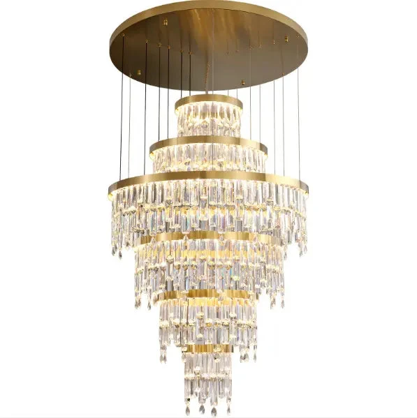 Luxury Modern Villa K9 Crystal Lustre Led Pendant Lights Round Gold Metal Led Suspend Light Living Room Led Luminarias Lamparas