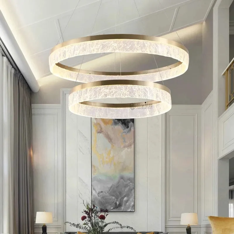 Nordic Golden Chandelier Ring Resin Texture Lampshade Light Luxury Modern Villa Duplex Living Room Dining Room Bedroom Lamp LED