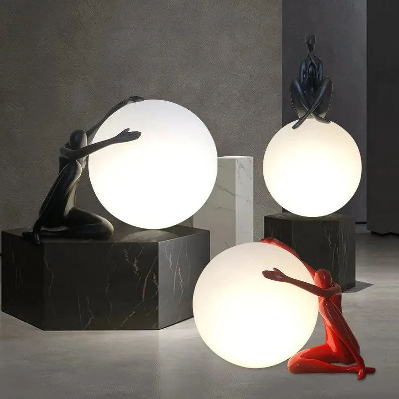 Nordic modern simple humanoid art sculpture holding ball resin led table lamp living room bedroom decoration bedside desk lamps