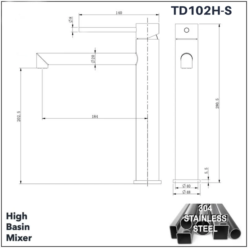 TD102H-S - High Basin Mixer (304 Stainless Steel)