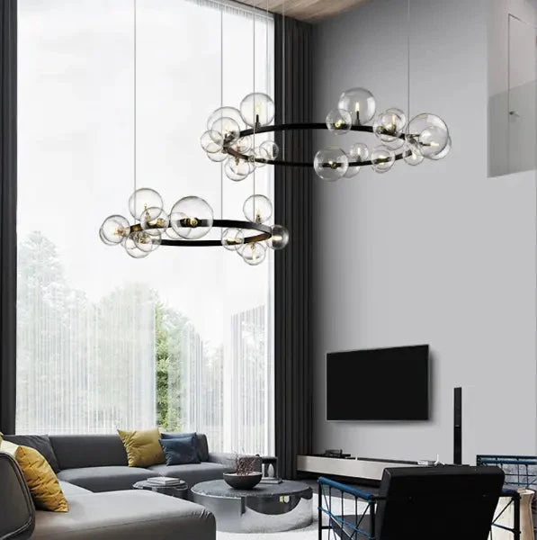 Nordic Living Room Lamp Simple Wind Magic Beans Molecular Bubble Lamp Bedroom Lamp Restaurant Glass Ball Chandelier Black Iron