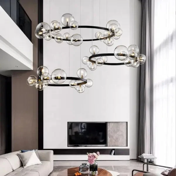 Nordic Living Room Lamp Simple Wind Magic Beans Molecular Bubble Lamp Bedroom Lamp Restaurant Glass Ball Chandelier Black Iron