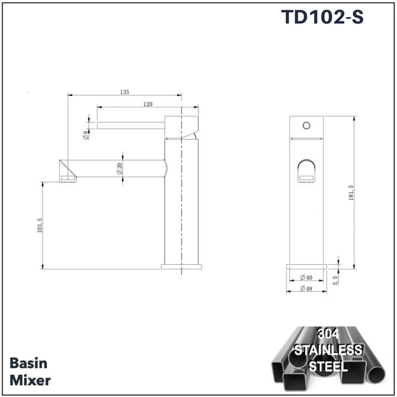 TD102-S - Basin Mixer (304 Stainless Steel)