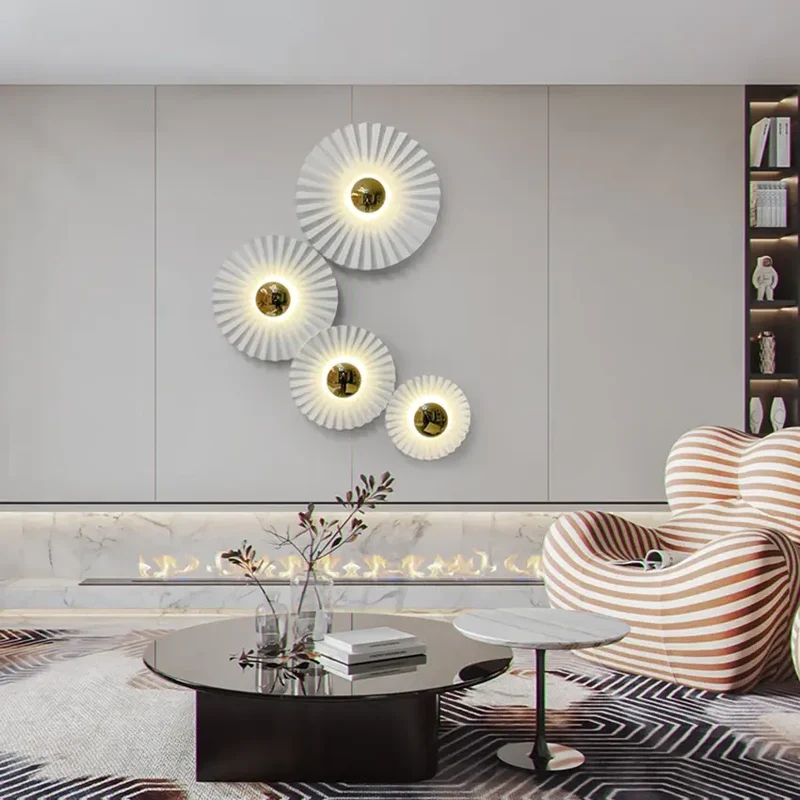 Nordic round white led wall lamp modern pleated shape iron living room wall light stairs corridor aisle bedroom bedside sconces