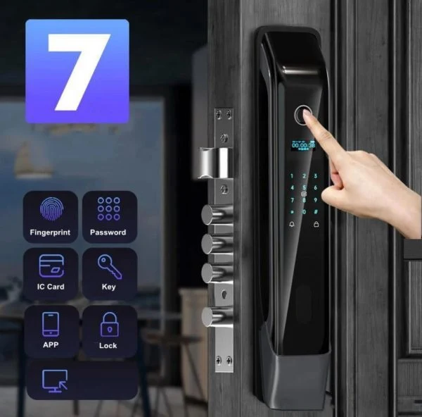 VILA Smart Lock Q7-3 AC ,With WiFi, Display screen,Keypad Digital,Biometric Fingerprint,IC Card,Mechanical key, Unlock for Apartment Hotel Home Use. COLOR: (BLACK + Copper)
