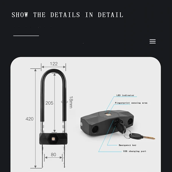 VILA Bicycle U Lock, Bluetooth Fingerprint Padlock, Anti-theft Lock, Supports 3 Unlocking Methods, Can Store 10 Fingerprints, Suitable for Bicycles, Glass Doors, Motorcycles, Offices