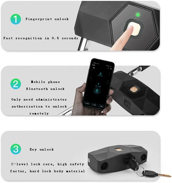 VILA Bicycle U Lock, Bluetooth Fingerprint Padlock, Anti-theft Lock, Supports 3 Unlocking Methods, Can Store 10 Fingerprints, Suitable for Bicycles, Glass Doors, Motorcycles, Offices